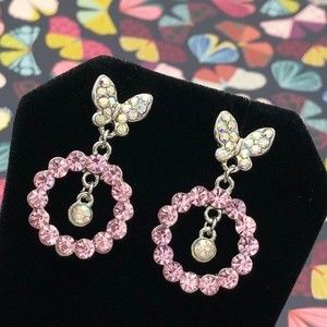 🌼 Butterfly Pink Rhinestone Silver Post Drop Earrings